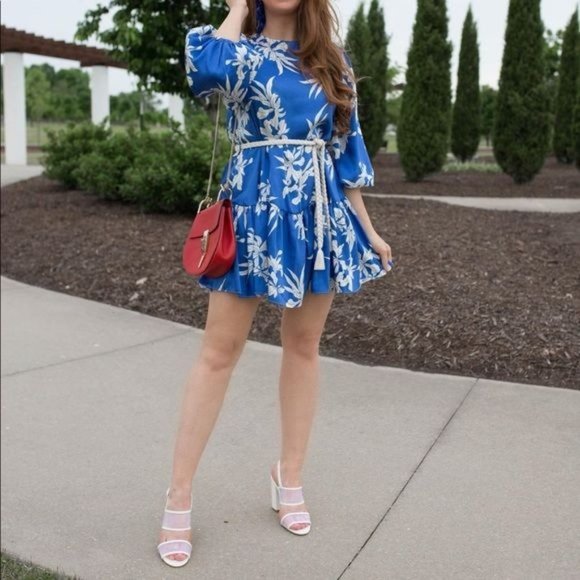 Alexis Blue Mini Dress XXS Floral Print Rope Belt Swing Long Sleeve Satin New - Picture 6 of 15